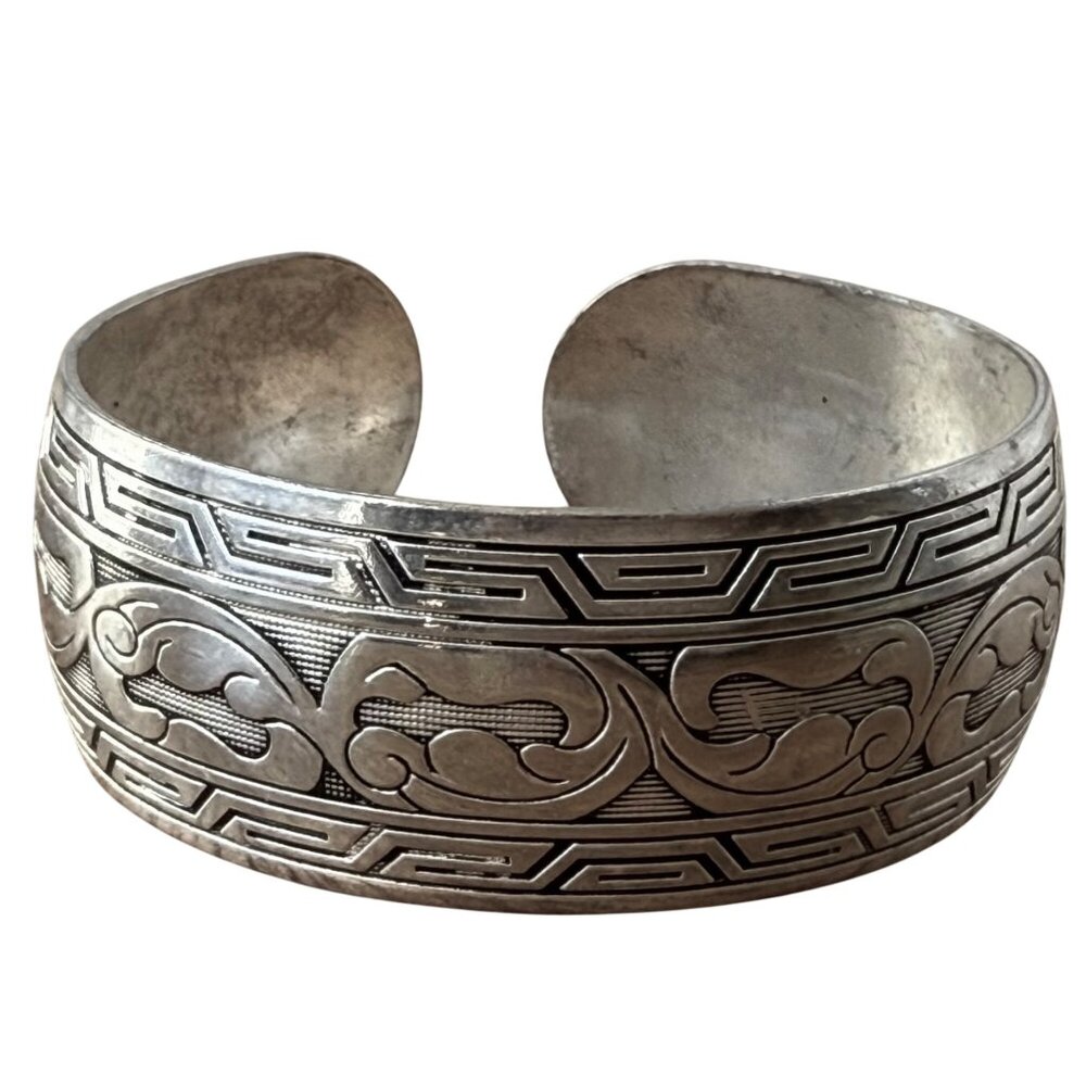 Vintage Tribal Silver Toned Cuff Bracelet Intricate Engraved Design
